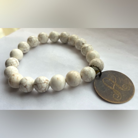 Gemstone bead elastic bracelet w/ A initial charm jewelry - Picture 13 of 16